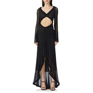 AFRM Cat Maxi Dress S Black Ruched Cutout Semisheer High-Low Hem gothic glam